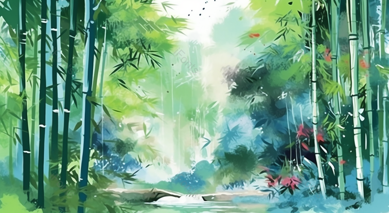 绿色茂盛竹林溪水插画背景,插画/手绘图,插画/手绘图库,插画/手绘图下载,插画/手绘